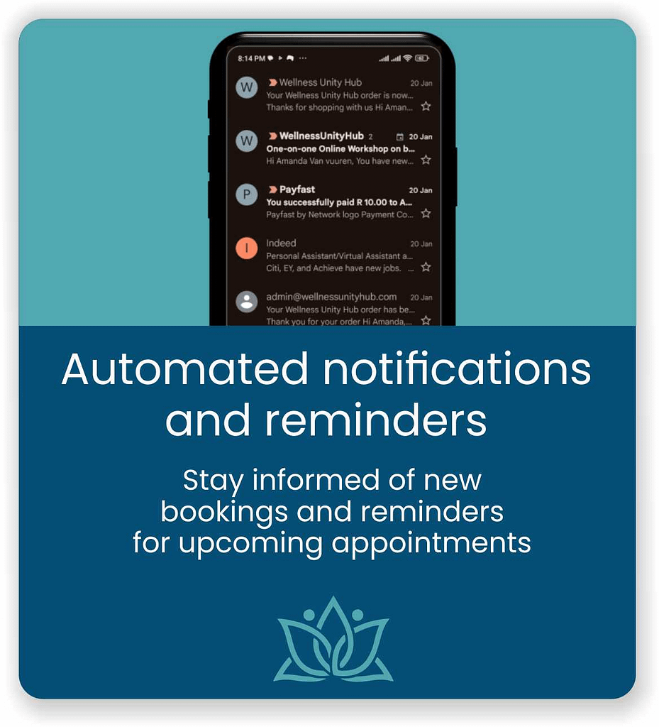 Automated Notifications and reminders. Stay informed of new bookings and reminders for upcoming appointments